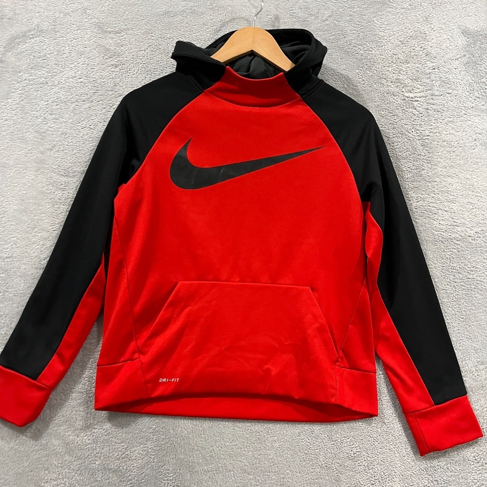 Nike Dri Fit Therma Hoodie Boys L Red Black Swoosh Logo Fleece Kangaroo Pocket